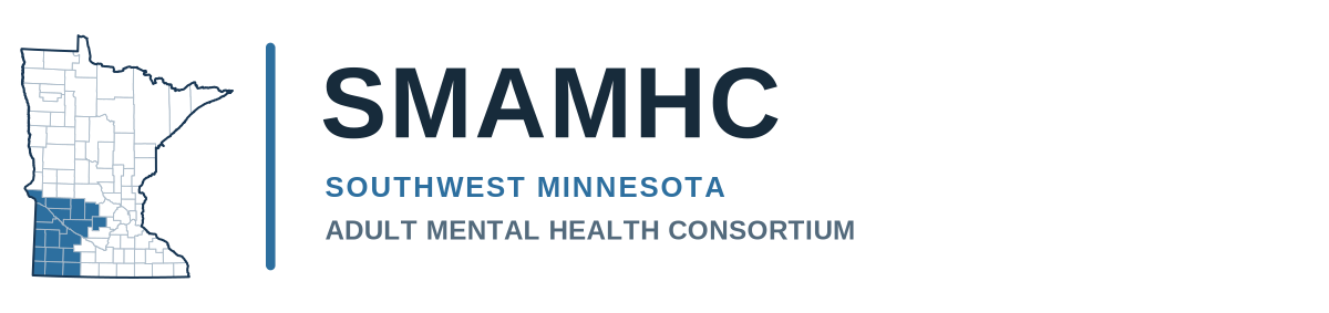 SMAMHC — Southwest Minnesota Adult Mental Health Consortium, with a map of Minnesota highlighting the southwest region.